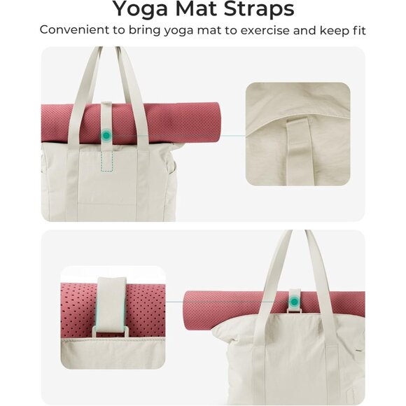 Women Beige Shoulder Tote Bag With Top Handle with Yoga Mat Buckle for Gym - Picture 5 of 7